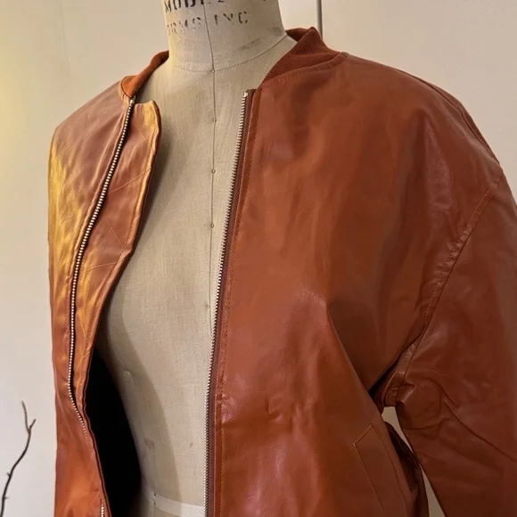 Women's Brown Bomber Jacket faux leather - Picture 2 of 7